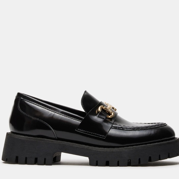 Black Leather Slip-On Loafers with Gold Embellishment - Picture 1 of 2